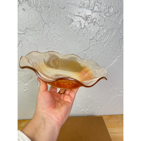 Vintage Marigold Depression Glass Iris & Herringbone Jeannette Ruffled Bowl - Picture 7 of 10